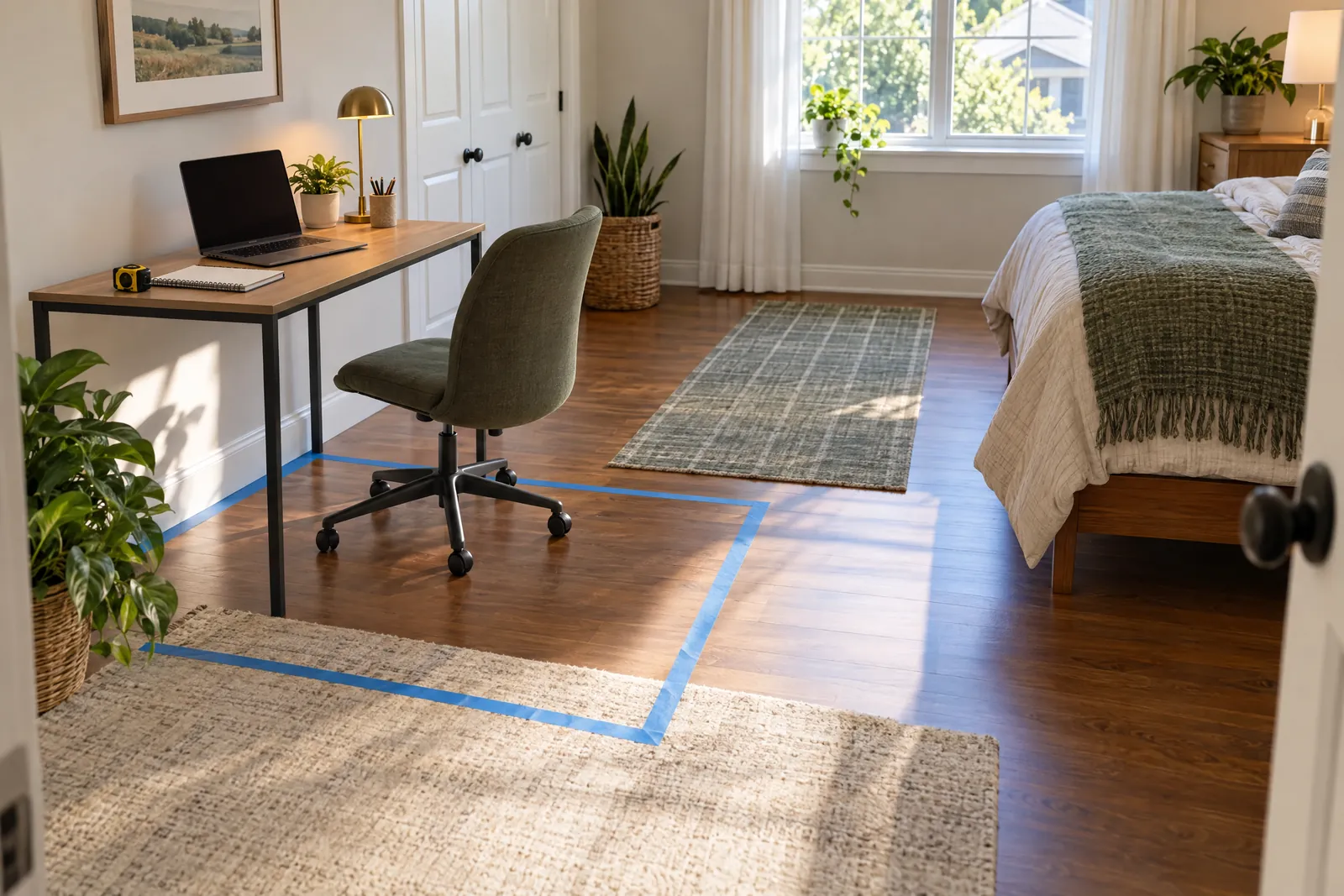 Tape outlines a desk and chair in use beside a bed in an illustrative room