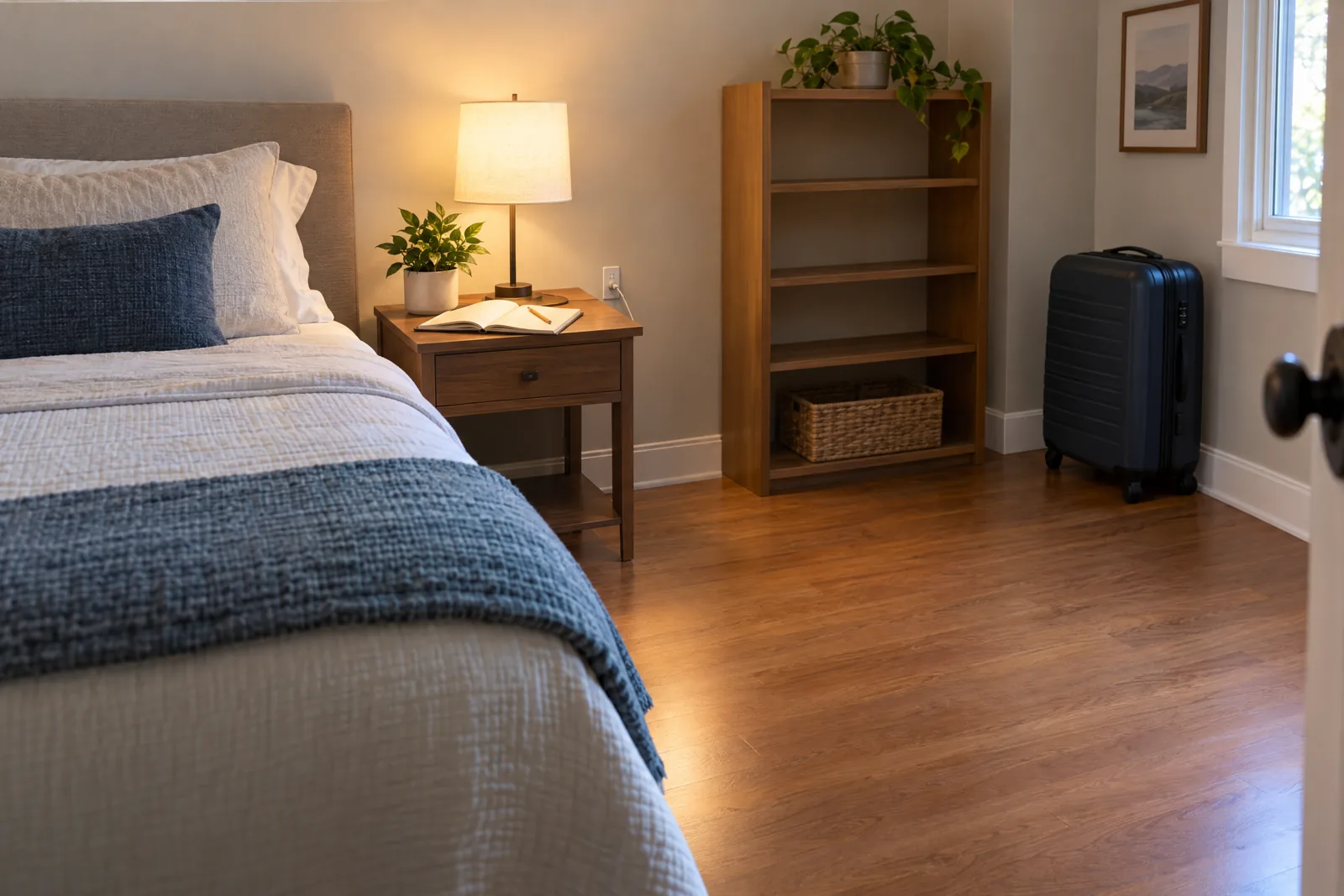 Guest bedroom with lit bedside lamp, blank notebook, open shelf, suitcase and clear floor