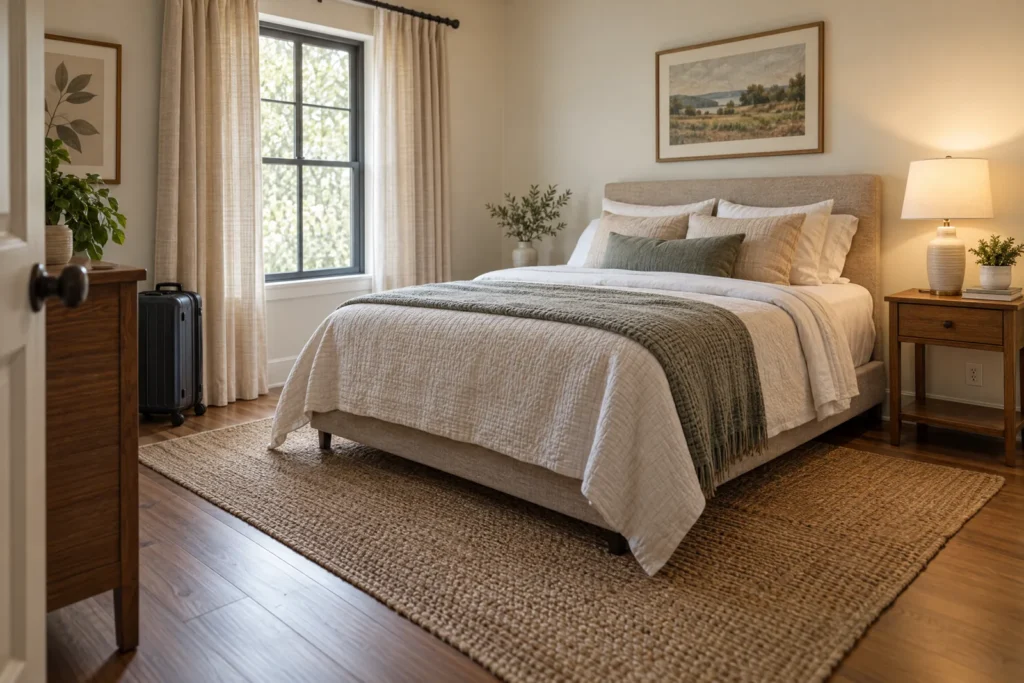 Made guest bed with bedside lamp, curtained window, suitcase and clear floor at doorway