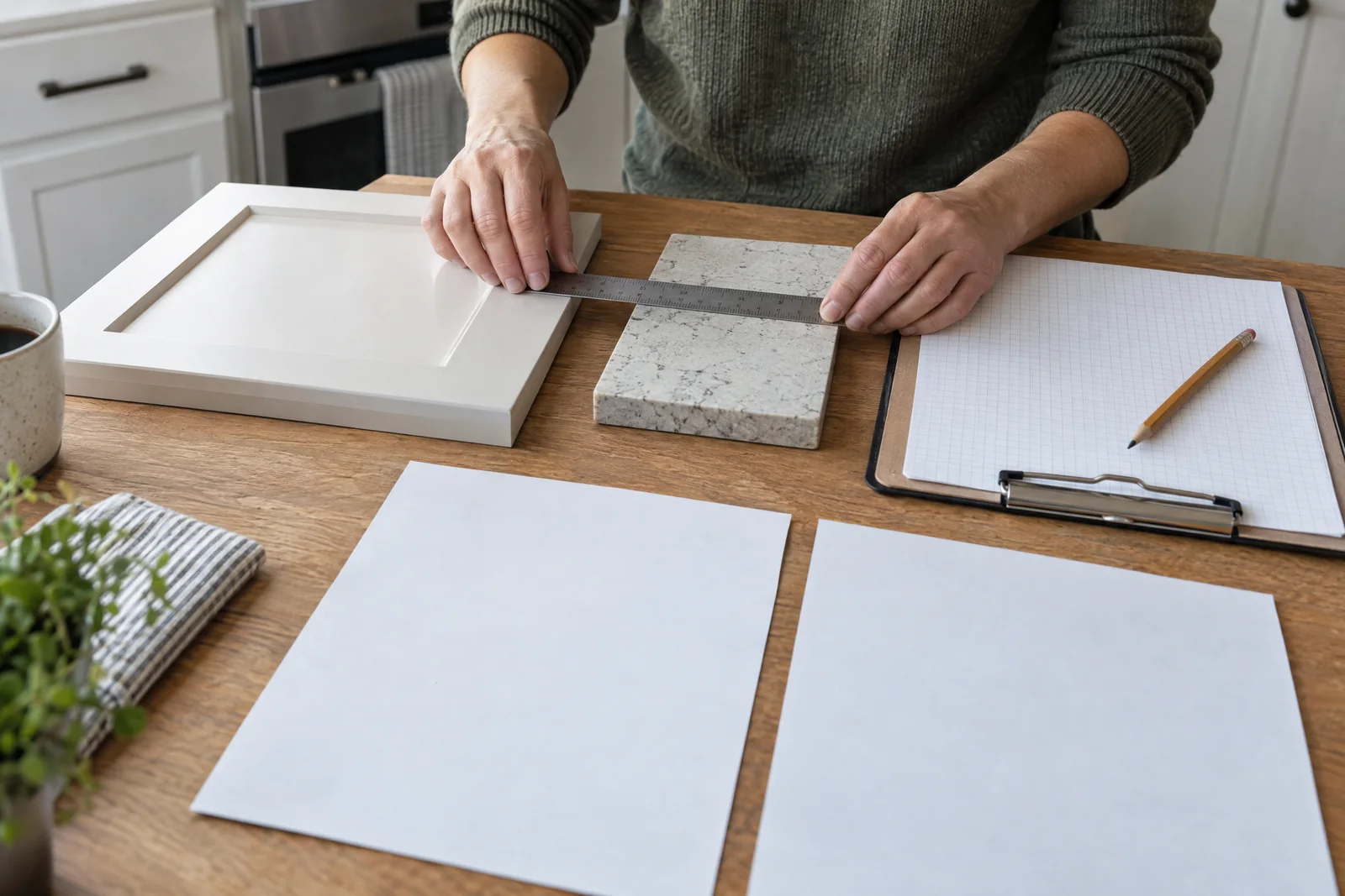 Two blank papers beside cabinet and countertop samples as an adult measures a sample with a ruler