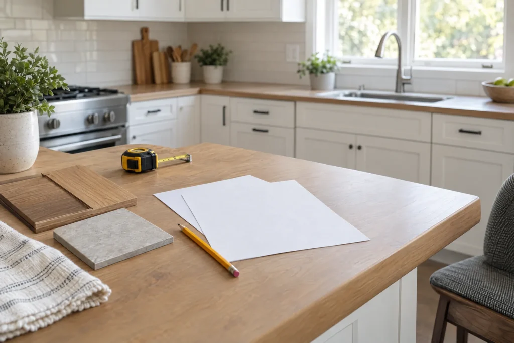 Kitchen counter with blank planning sheets, cabinet and countertop samples, pencil, and tape measure