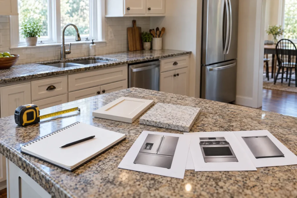 Kitchen planning table with blank notebook, measuring tape, cabinet and countertop samples