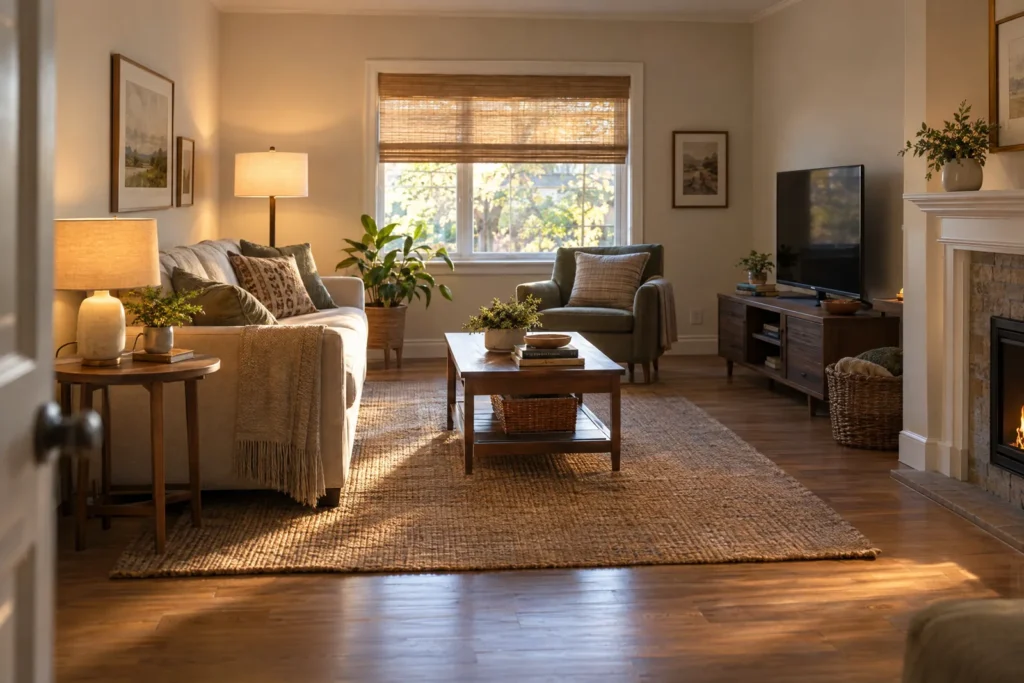 Living room with a sofa, reading chair, table lamps, television and a clear walking route