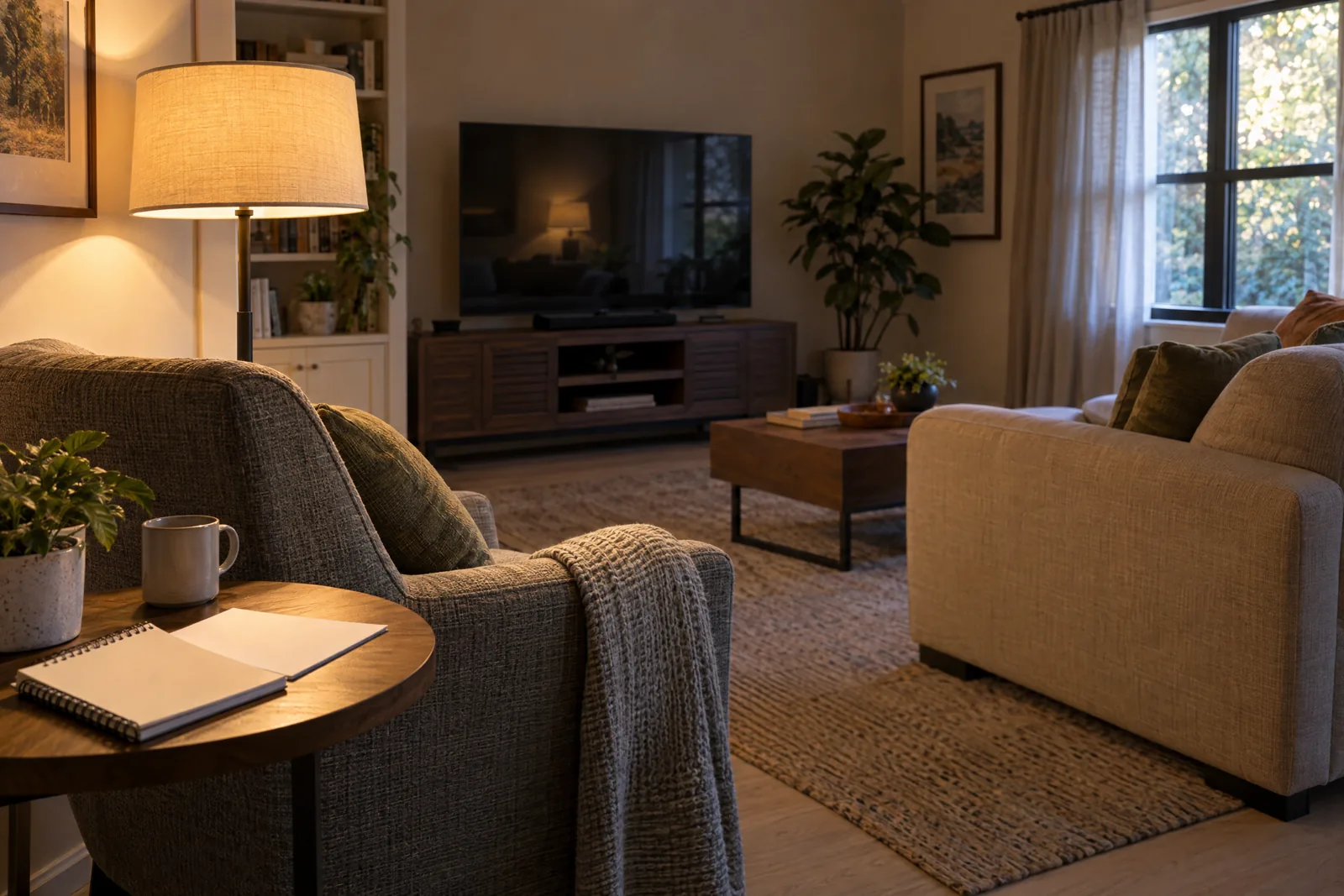 Reading chair with shaded lamp, blank notebook and a television across the room