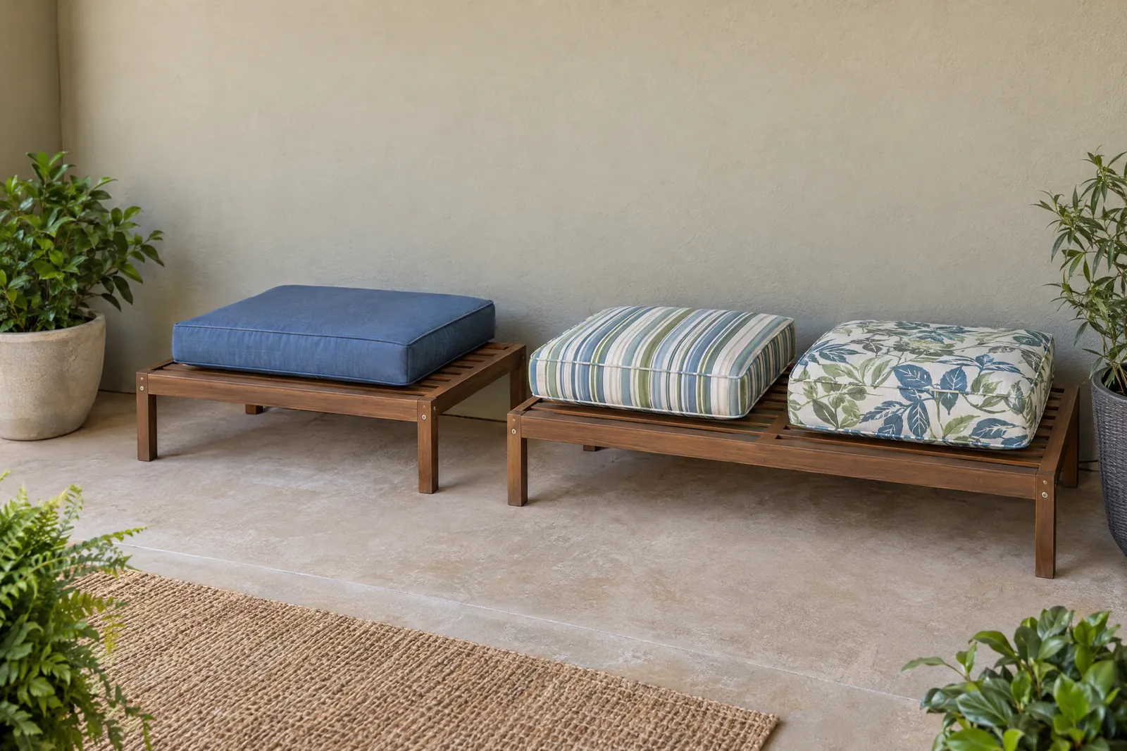 Outdoor cushions on raised slatted patio racks for air drying