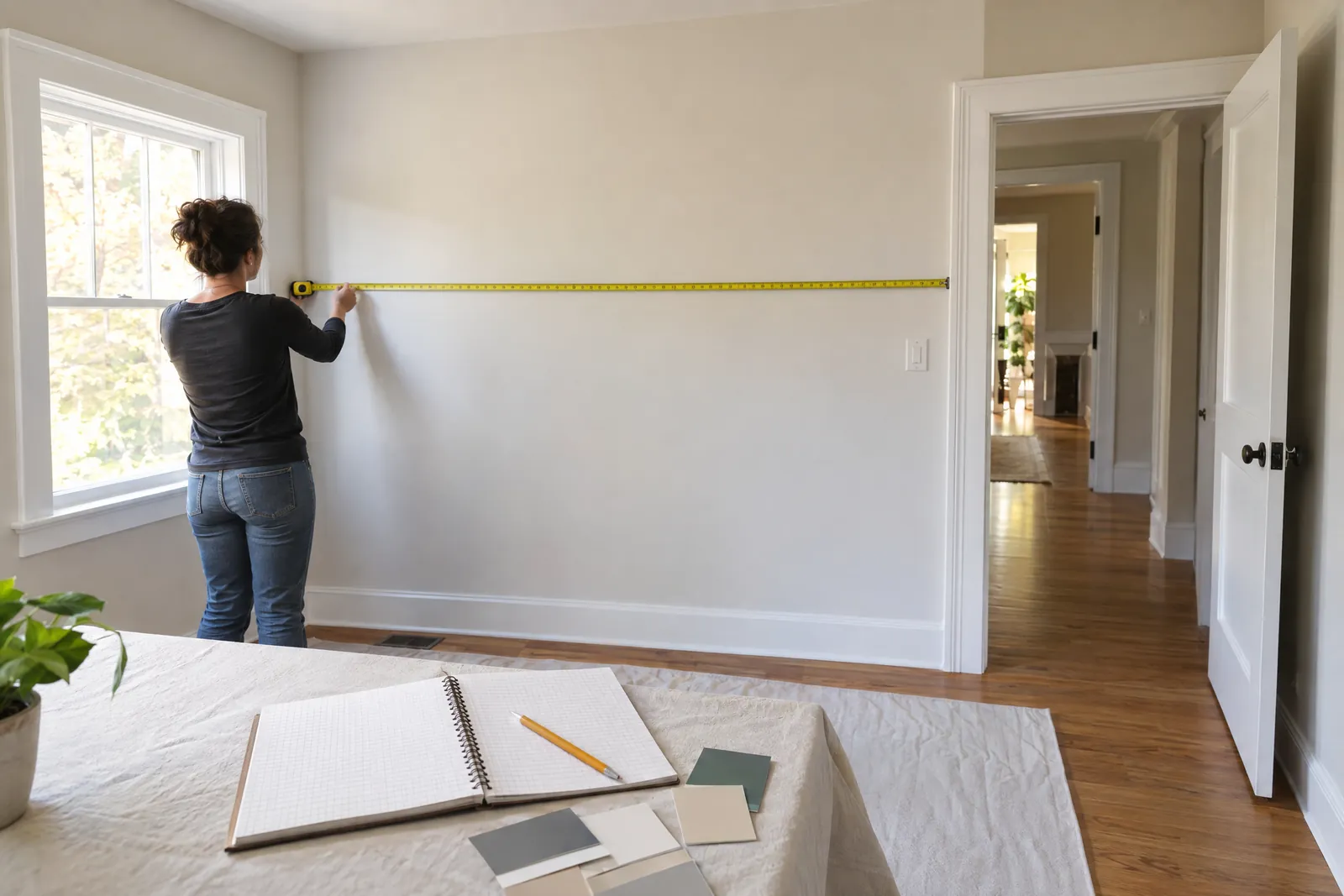 Person measuring a bedroom wall beside a window, with a blank notebook and paint samples nearby