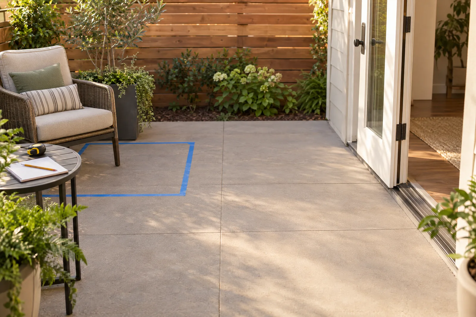 Taped furniture footprint beside a compact patio chair, with a clear doorway route and blank planning notes