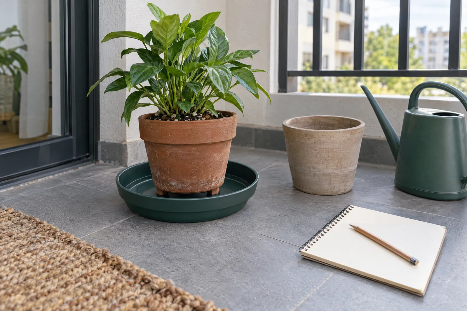 Potted plant in a removable saucer with an empty pot, watering can and blank notes on a balcony floor