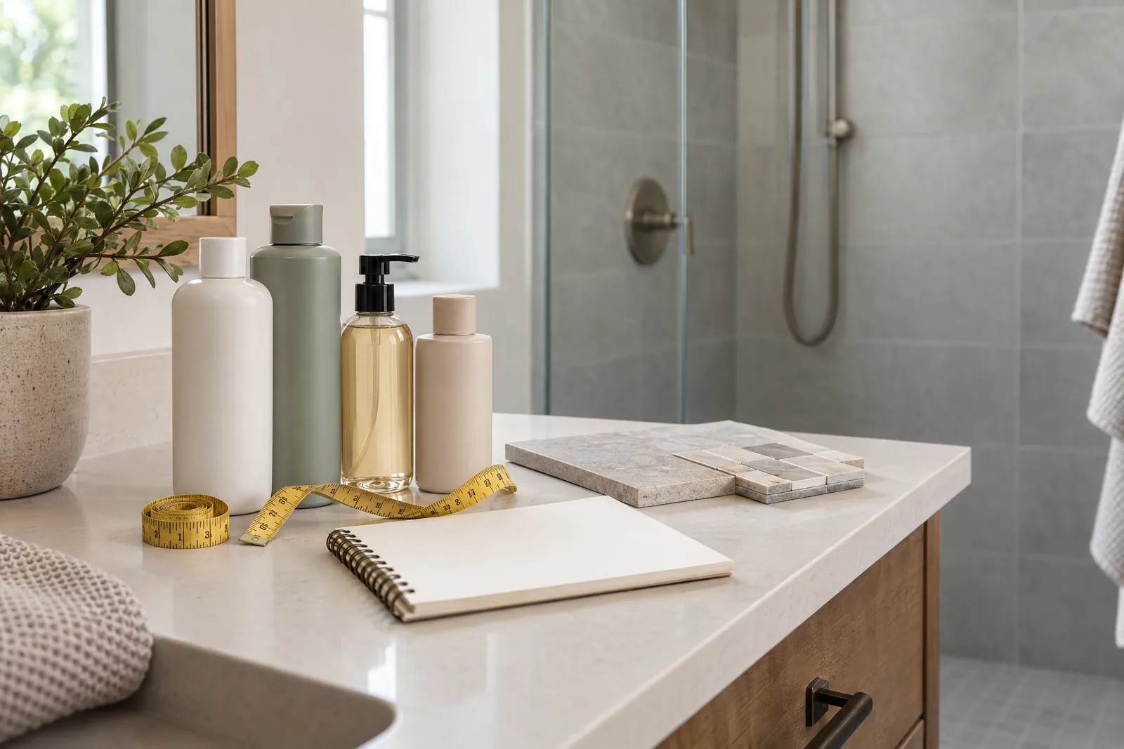 Four unbranded bathroom bottles beside a flexible tape, blank notebook and tile samples