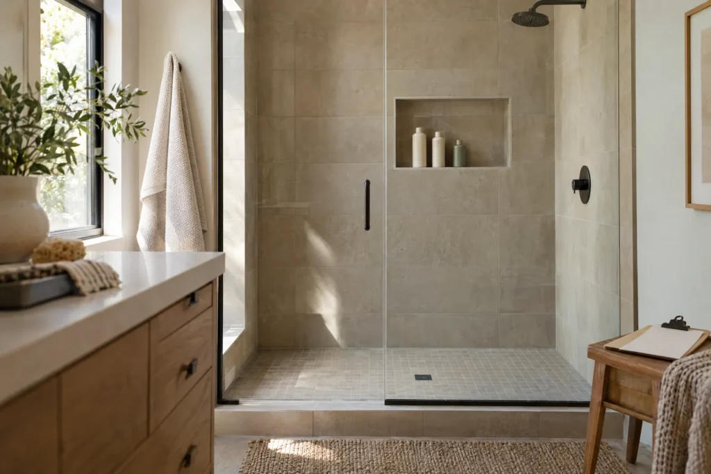 Tiled shower with a recessed shelf holding three bottles and a blank clipboard outside the shower