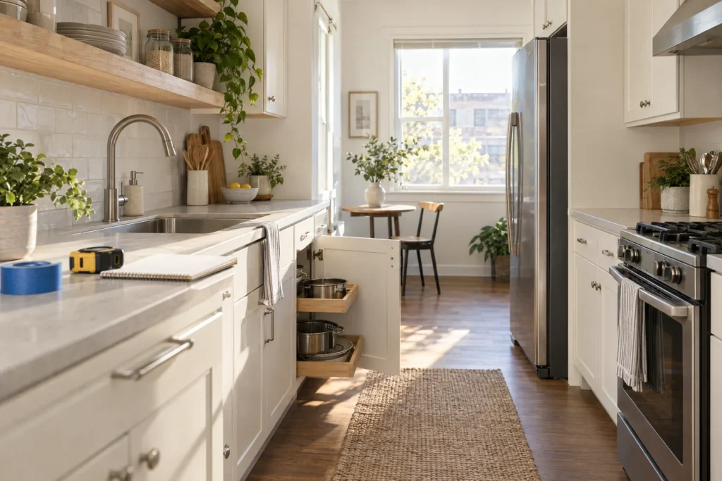 Compact kitchen with an open lower cabinet, tape measure, blank notebook, and clear floor path