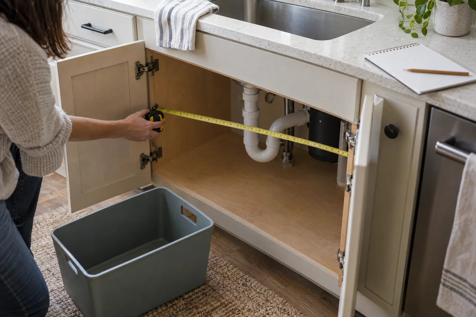 Open under-sink cabinet with a visible drain pipe as a person measures its interior, with a bin nearby