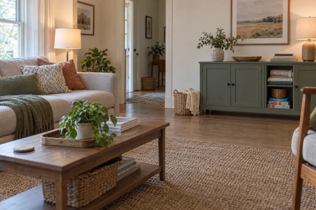 Living room with sofa, closed storage cabinet, woven baskets and an open doorway