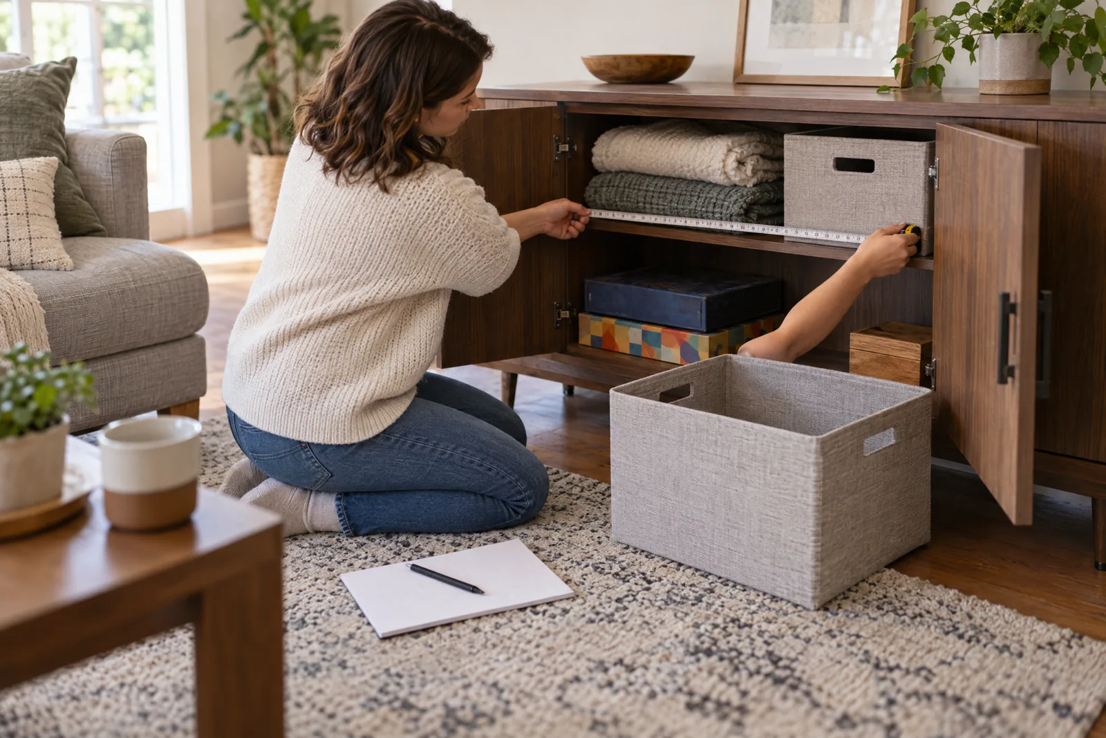 Person comparing the clear opening of a living room cabinet with a fabric storage bin